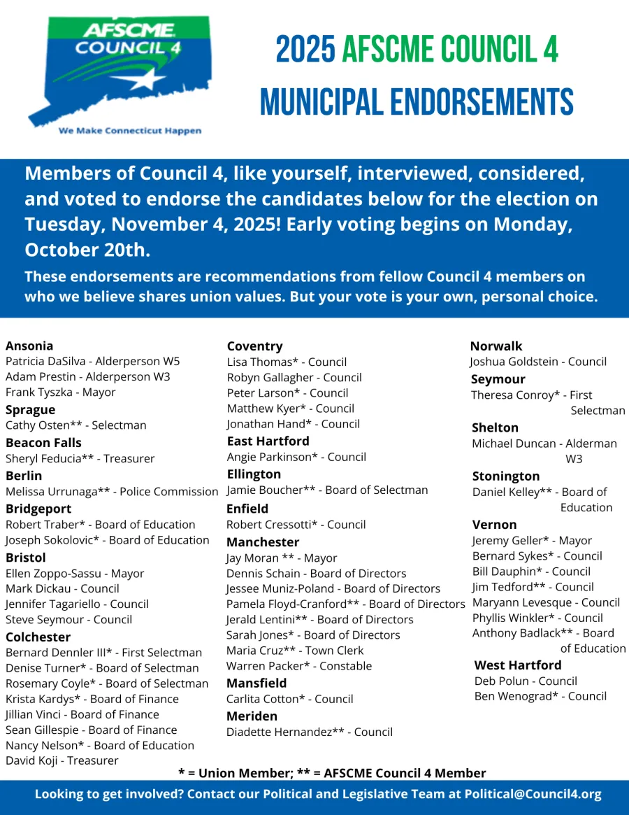 Flyer listing the AFSCME Council 4 Endorsements