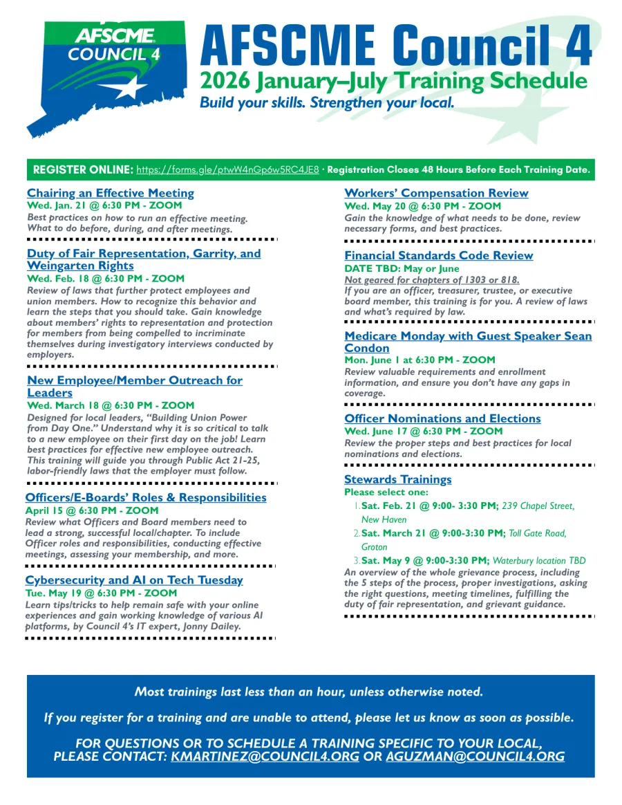 2026 January-July AFSCME Council 4 Member Training Schedule